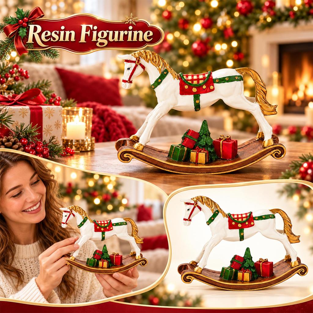 Christmas Decoration Resin Rocking Horse Figurine for Home Decor, Holiday Tabletop Ornament