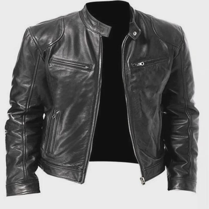 

2023 Мужская облегающая кожаная куртка с воротником-стойкой и карманом на молнии M (110—120 jin) чёрный