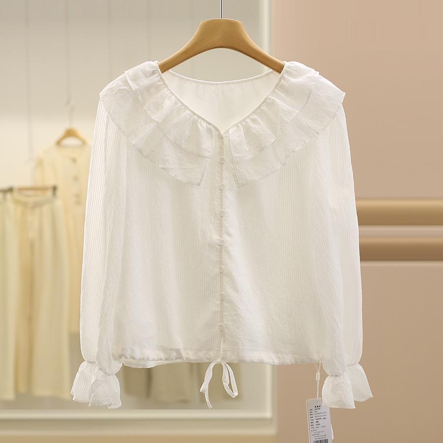 

Ханфенг Полосатая Многослойная Блузка с Воротником-куклой и Рукавами-колокольчиками на Лето Large