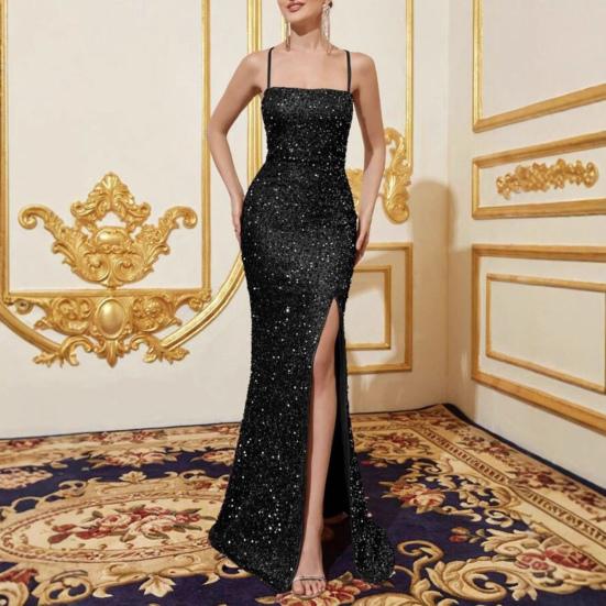 Women's Sparkly Sequin Long Formal Dress Square Neck Backless Split Mermaid Prom Dress Spaghetti Strap Evening Party Gown