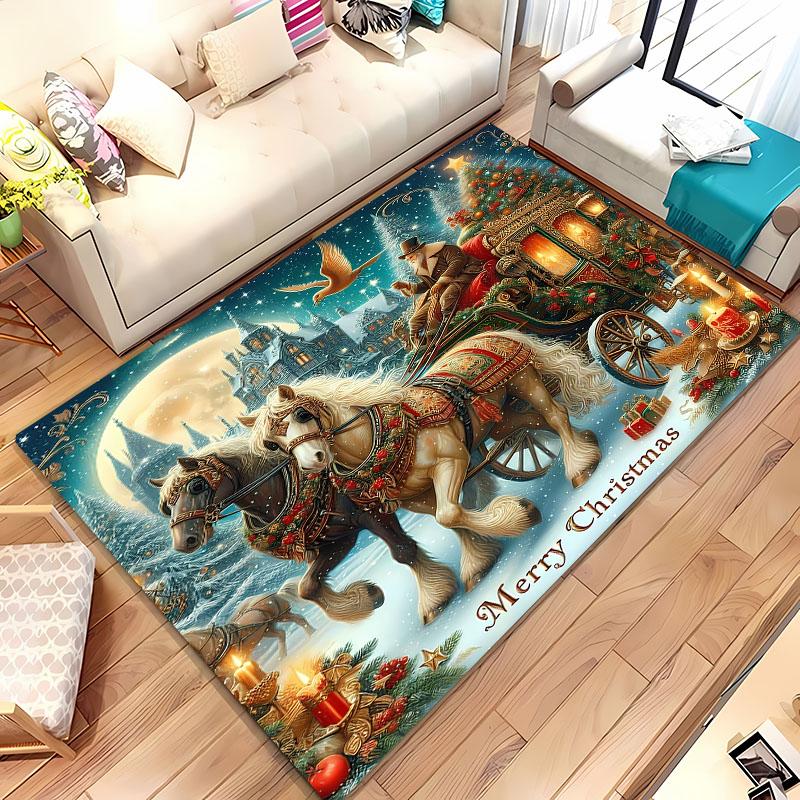 3D tištěný vánoční koberec s koněm pro domov, obývací pokoj, dětskou ložnici, pohovku, rohožka, kuchyňský podlahový koberec, protiskluzová dekorační podložka, teplý dárek