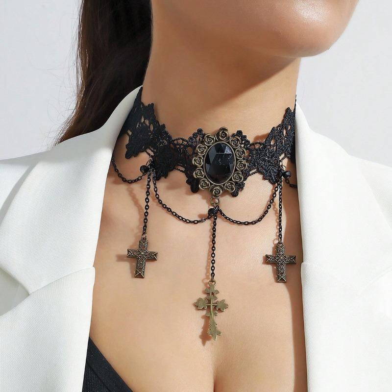 Accessories Black Neck Chain Lace, Clavicle Chain Light Luxury High-end, Hollow Fringe Gothic Necklace Women