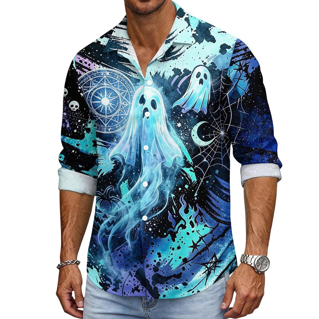 Men's Halloween Long Sleeve Button Down Shirt with Collar Casual for Holiday Parties