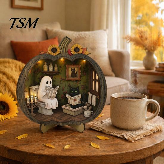 Wooden Desktop Shelf Accessory Halloween Ghost Tabletop Ornament, 2D Flat Cute Reading Bathing Fall Harvest Home Decoration Watering Plaque with Stand
