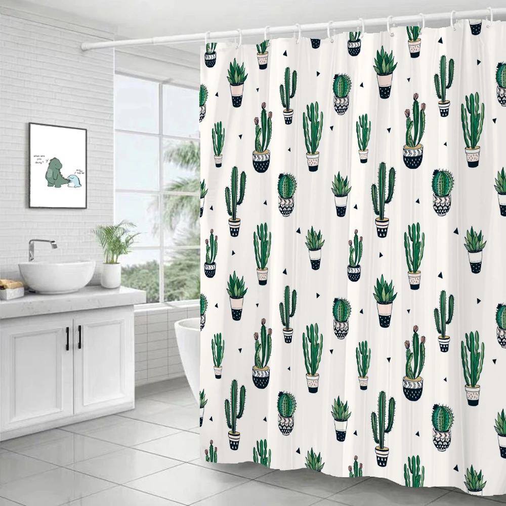 Tropical Plant Cactus Shower Curtain 180cm *180cm with Hooks, Floral Waterproof Shower Curtain, Shower Curtains for Bathroom