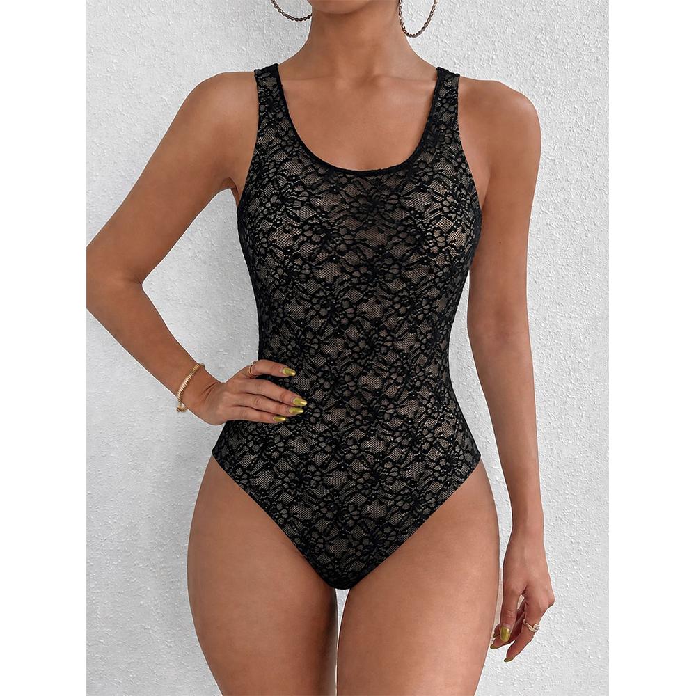 Women s Floral Lace Sleeveless Bodysuit U Neck Tank Top Sexy Sheer Mesh One Piece Jumpsuit Lace Romper S