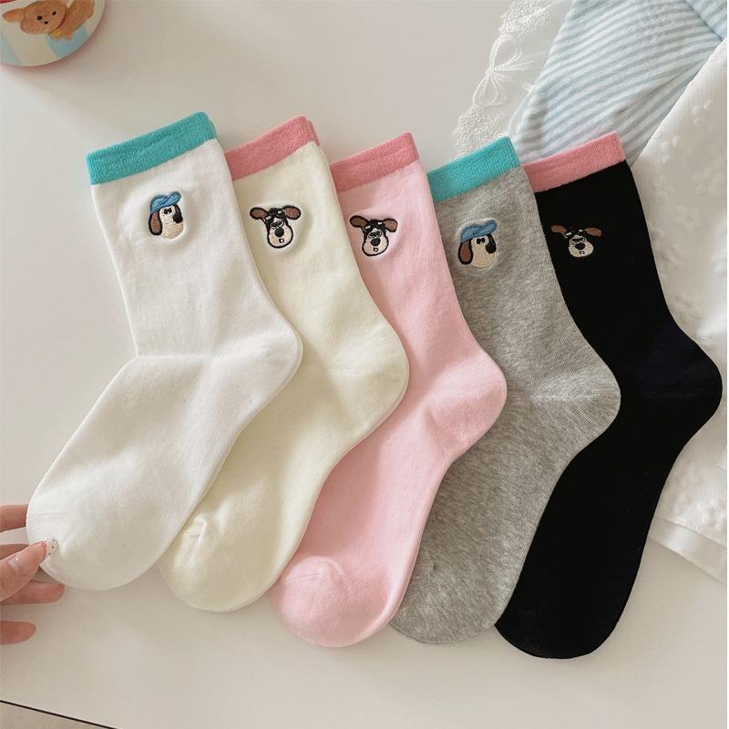 Cartoon Embroidered Socks, Cute Girl Puppy Mid-calf Socks, Autumn Color-blocking Pile Socks, Boneless Socks