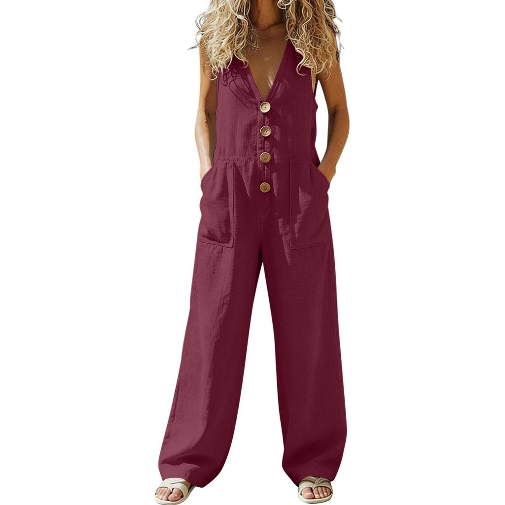 Sleeveless Wide Leg Jumpsuit for Women with Button Front and Deep V Neck Casual Loose Fit Romper with Pockets
