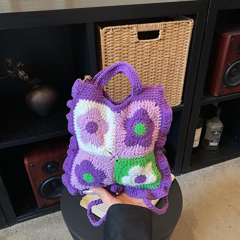 Boho Essential Handmade Crochet Granny Square Tote Bags Summer Knitted Flower Shoulder Bags Shopping Beach Daily Use Handbag