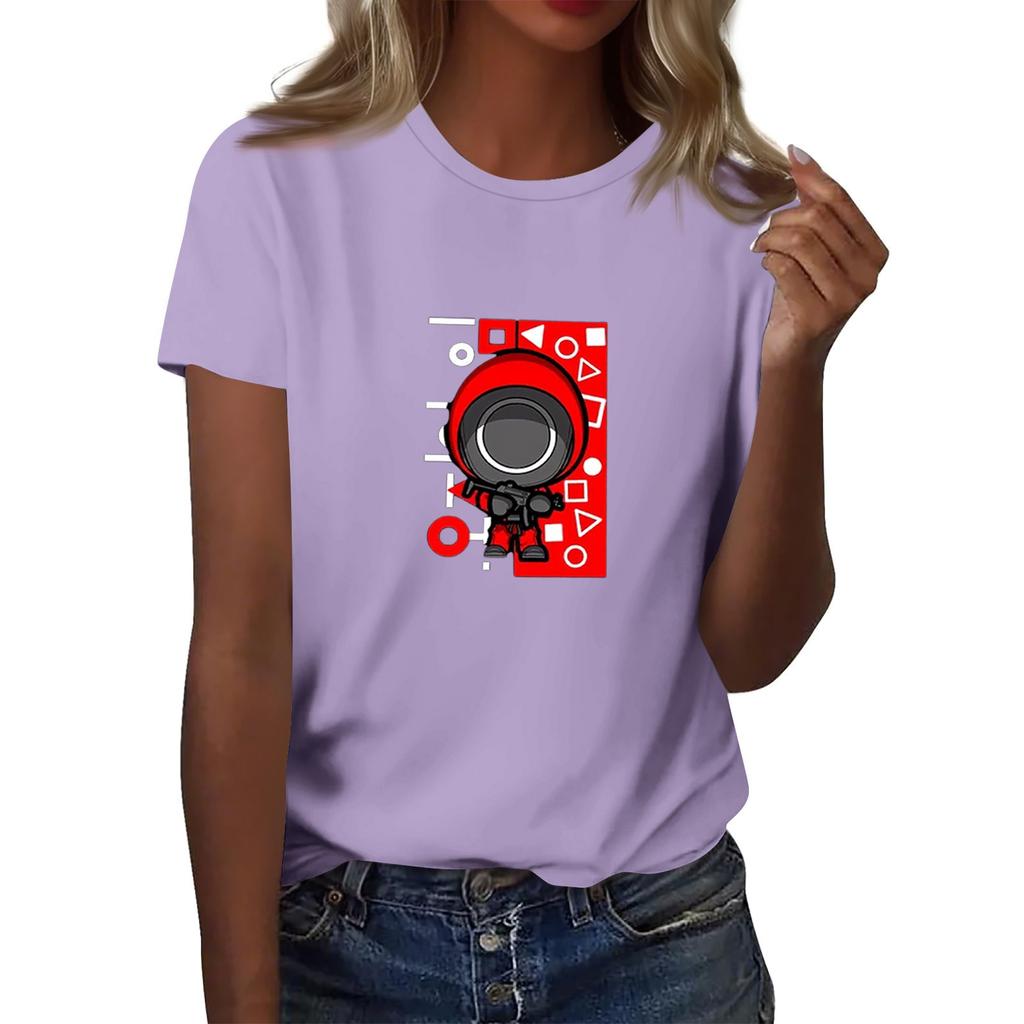 Damen Rundhals Bedrucktes Kurzarm T-Shirt Top