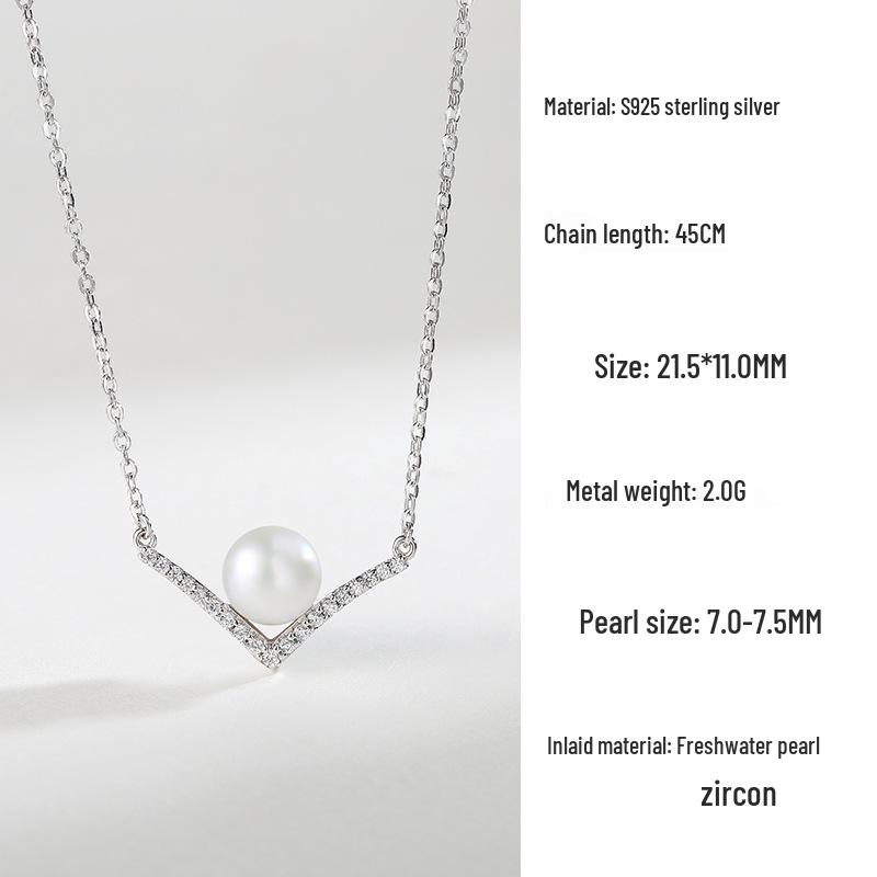 Elegant Freshwater Pearl Necklace for Women - 2023 S925 Sterling Silver V-shaped Pendant with Versatile Clavicle Chain 925 Sterling Silver