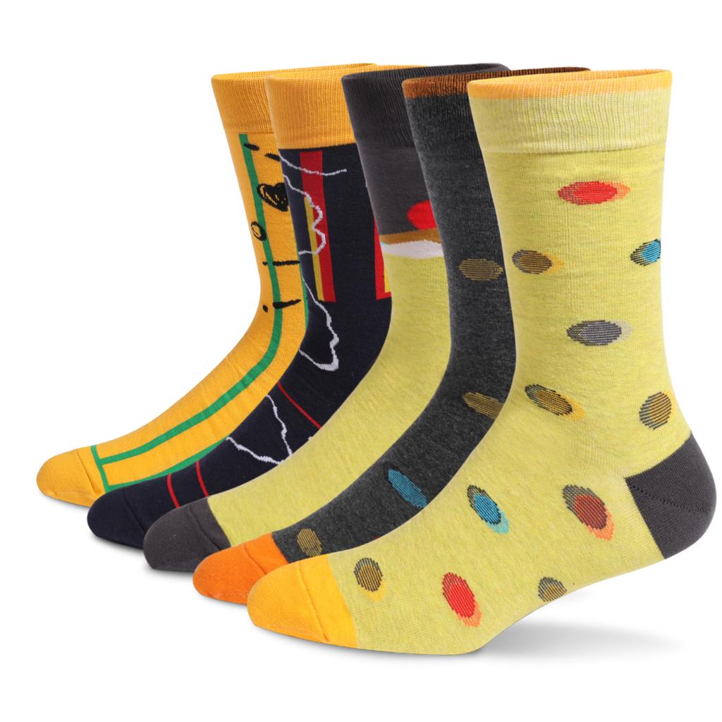 5Pairs Mens Fun Dress Socks Pattern Funny Socks Pack Colorful Striped Combed Cotton Novelty Socks Cool Breathable Casual Socks