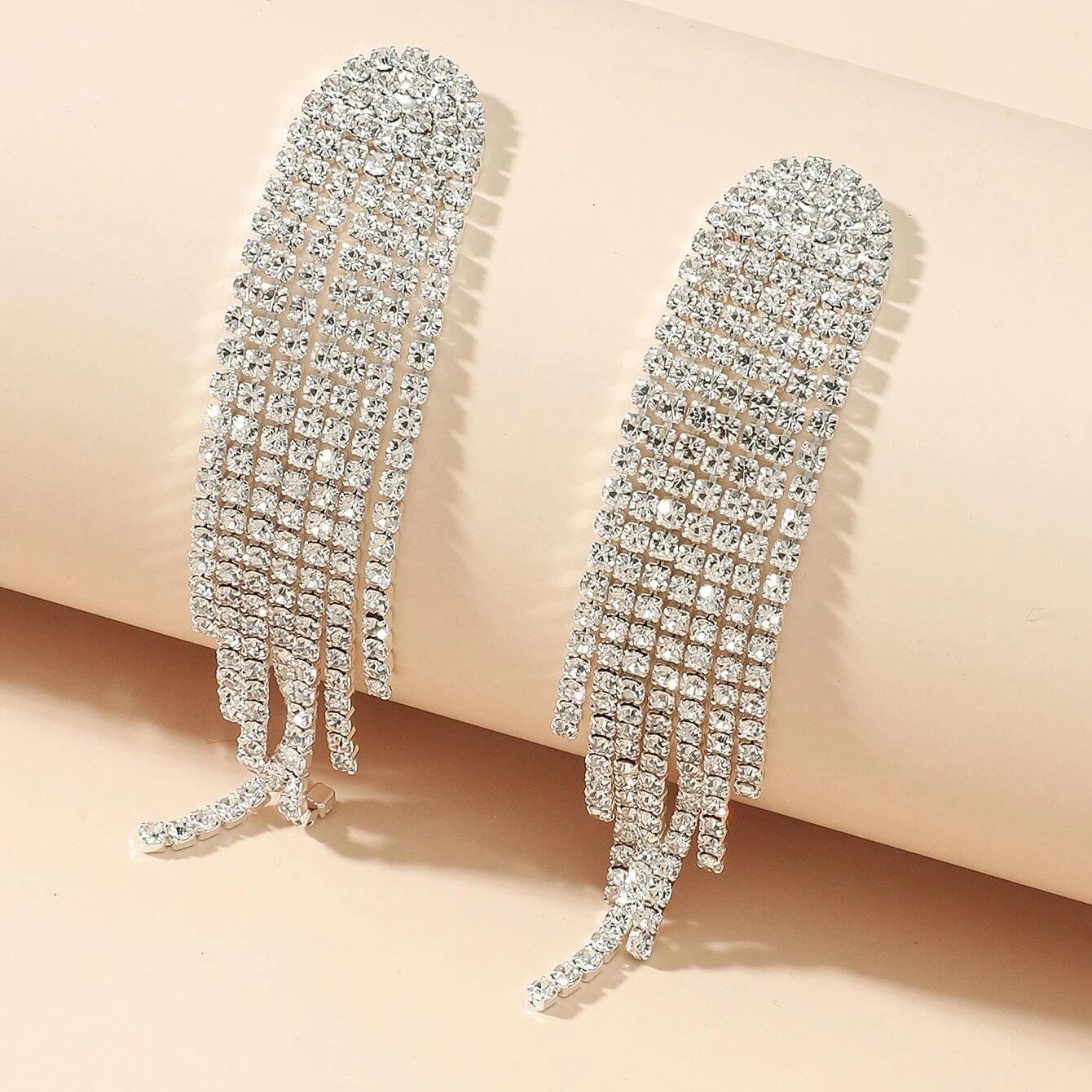 

Bridal Geometric Rhinestone Tassel Drop Earrings серебряный
