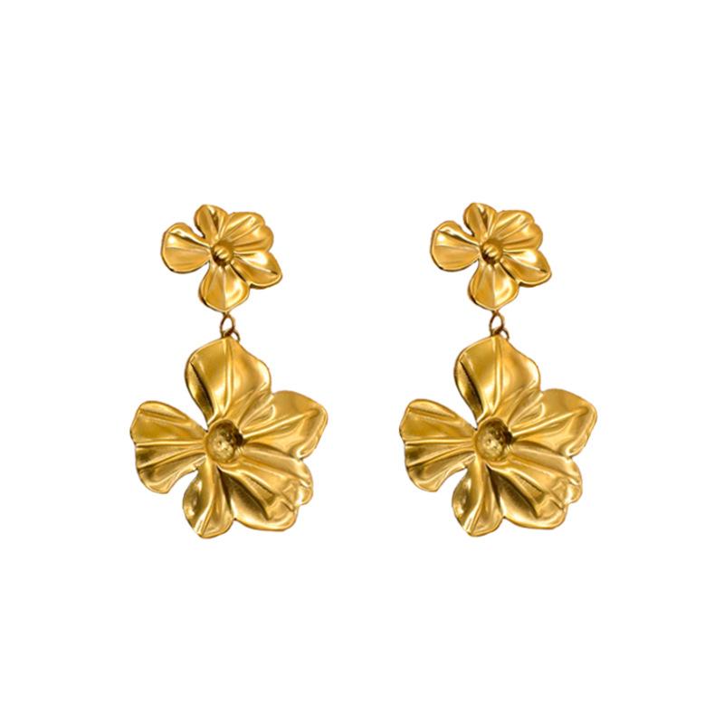 Fashion Retro Niche Exaggerated Temperament Retro Earrings Gold Two Flowers Splicing Earrings Girl Girlfriend
