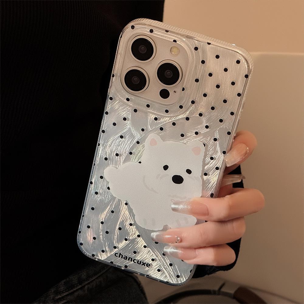 Cute Polka Dot Puppy Stand Mobile Phone Case Suitable for 14 Apple 15 Promax Korean Iphone16 Anti Fall 12 Feather Yarn
