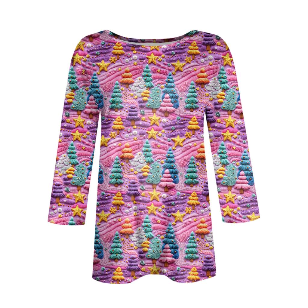 Women's Fashionable Casual Three-Quarter Sleeve Christmas Print Round Neck Top