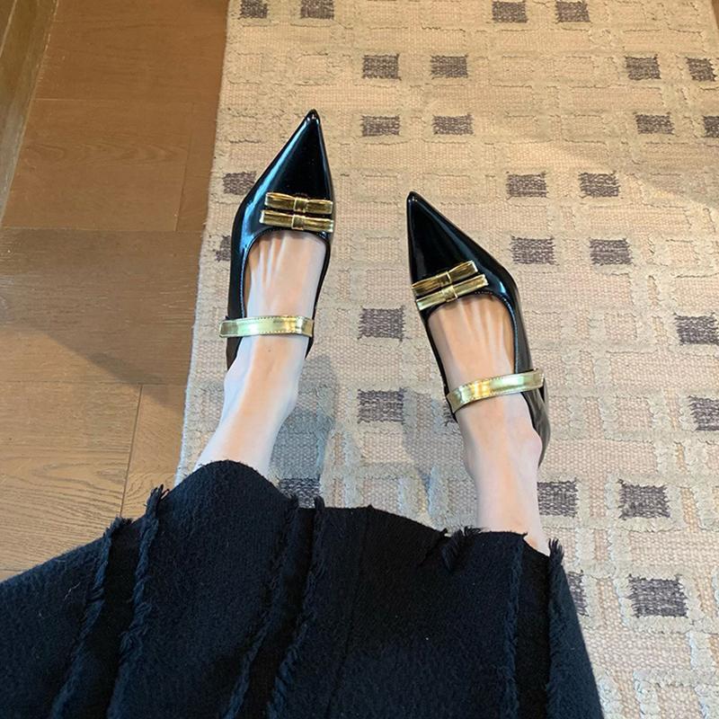 Design sense niche! Pointed single shoes women's French temperament with skirt bow word with thick heel Mary Jane shoes