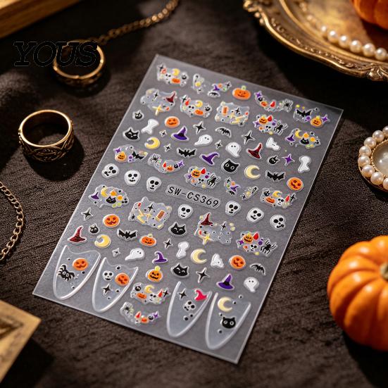 Cartoon Nail Art Halloween Stickers, Pumpkin Ghost Bat Decals for Waterproof Stickers Decorations, Self-Adhesive Holiday Manicure Women Long Lasting