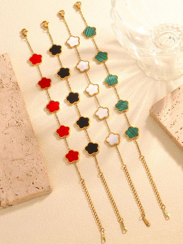 Korean Fashion Elegant Simple Simple Hundred Stainless Steel 18K Gold-Plated Five Leaf Flower Mother-Of-Zircon Bracelet Women'S