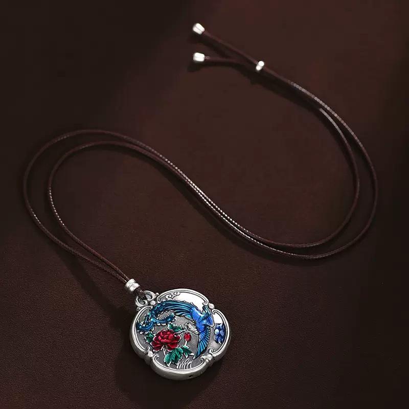 Retro 999 Sterling Silver Enamel Phoenix & Peony Pendant - Unisex Chinese Style Ornament
