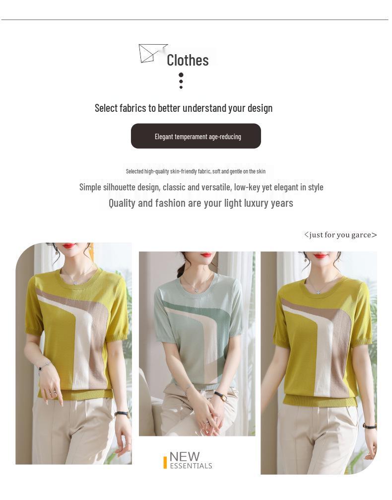 Young Mother's Stylish Ice Silk Knit Short Sleeve T-Shirt