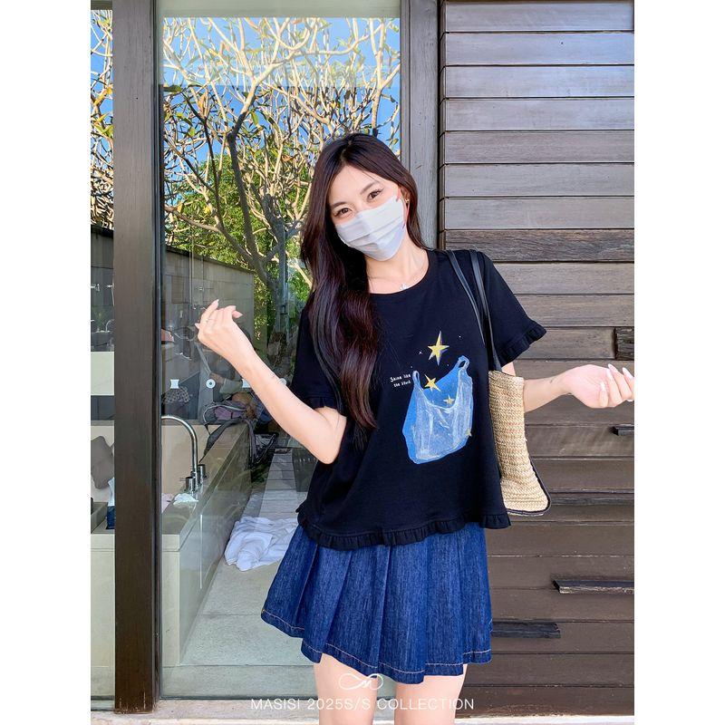

Maxi Plus Size Women s Wooden Ear Print Short-Sleeved T-shirt Summer Plus Size Ladies Thin Slim Fit Slimming Shoulder Tops Black Stars M