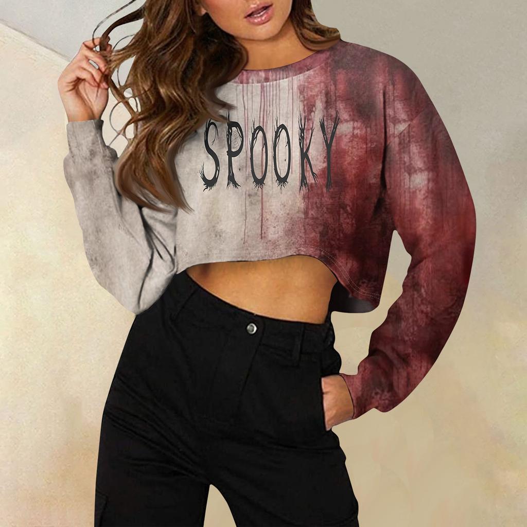 Women's Fashion Casual Round Neck Loose Long Sleeve Halloween Printed Short Sweatshirt