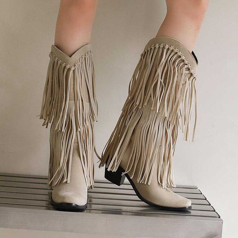 Autumn and winter new ebay supply fringed  boots size small square head solid color versatile high heel medium boots