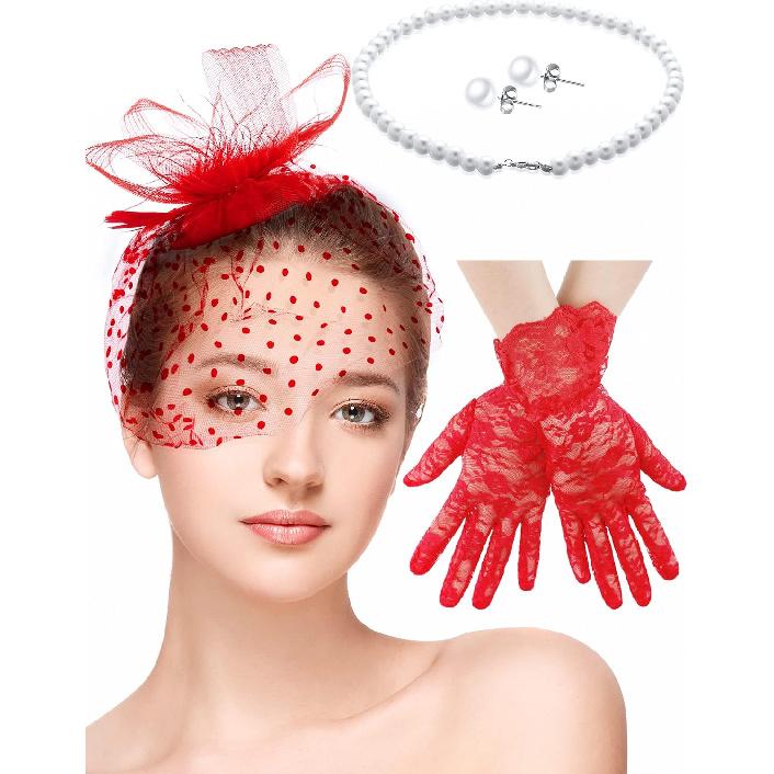 4 Pcs Tea Party Fascinator Hat Set for Women Lace Glove Pearl Set | Tea Party Accessories Outfits Headpiece Veil Lace Glove Pearl Jewerly for Wedding