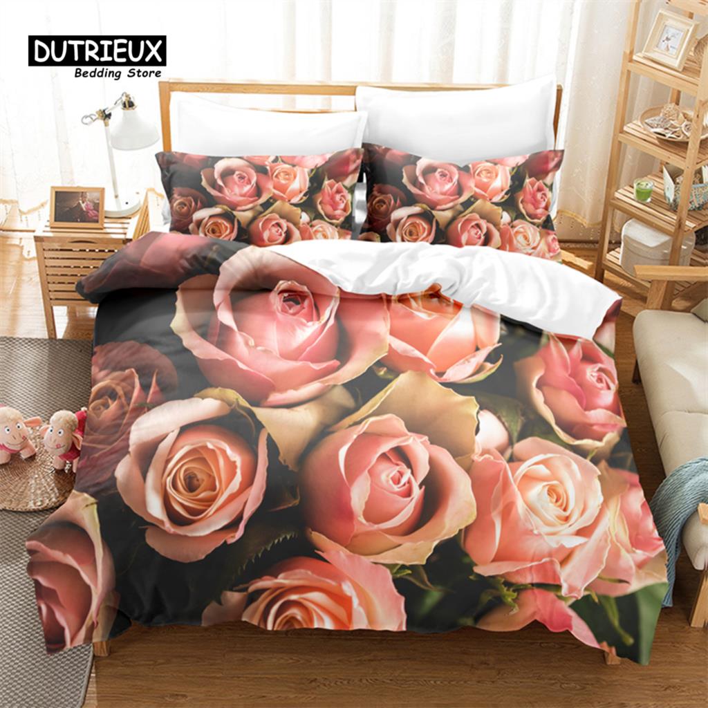 Pink Roses Bedding Set, 3Pcs Duvet Cover Set, Soft Comfortable Breathable Duvet Cover, For Bedroom Guest Room Decor