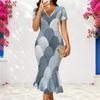 Women Plus Size V Neck Short Sleeve Printed Fitted Fishtail Dress With Pockets