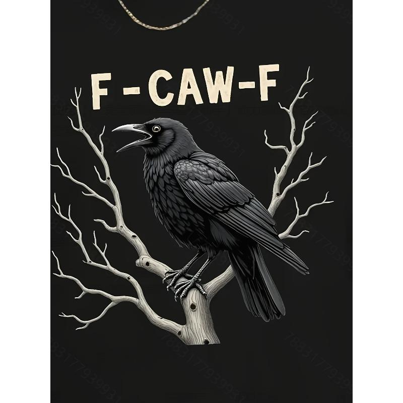 European sizes Men'S Wrinkled Texture T-Shirt - Featuring a Black Crow And Branch Design with F-CAW-F Text