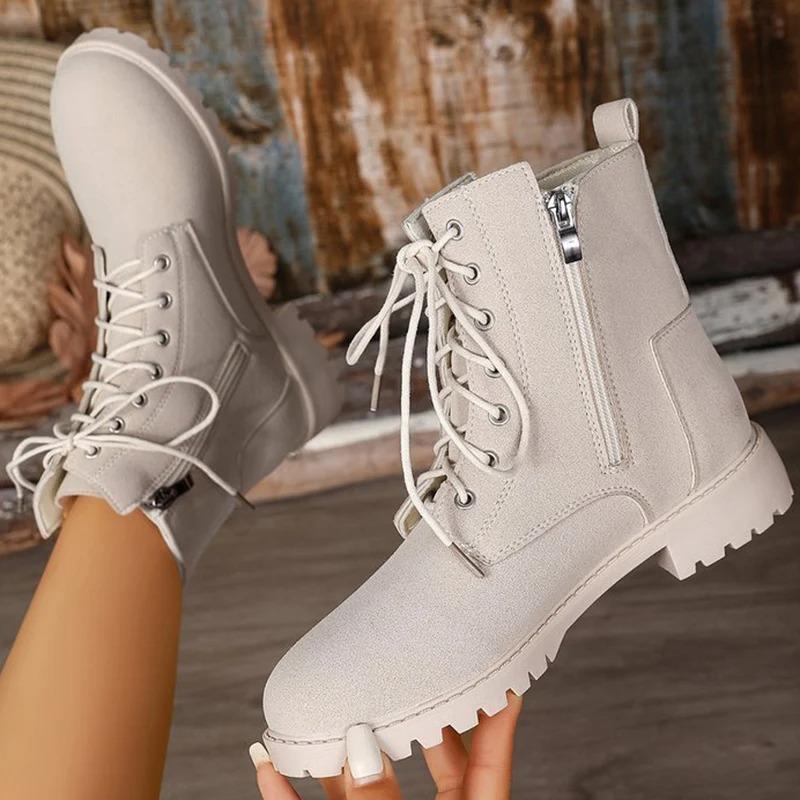 Retro Solid Zip Ankle Boots for Women Autumn Winter Square Heel Lace-Up Women\'s Boots Plus Size Round Toe Shoes of Woman