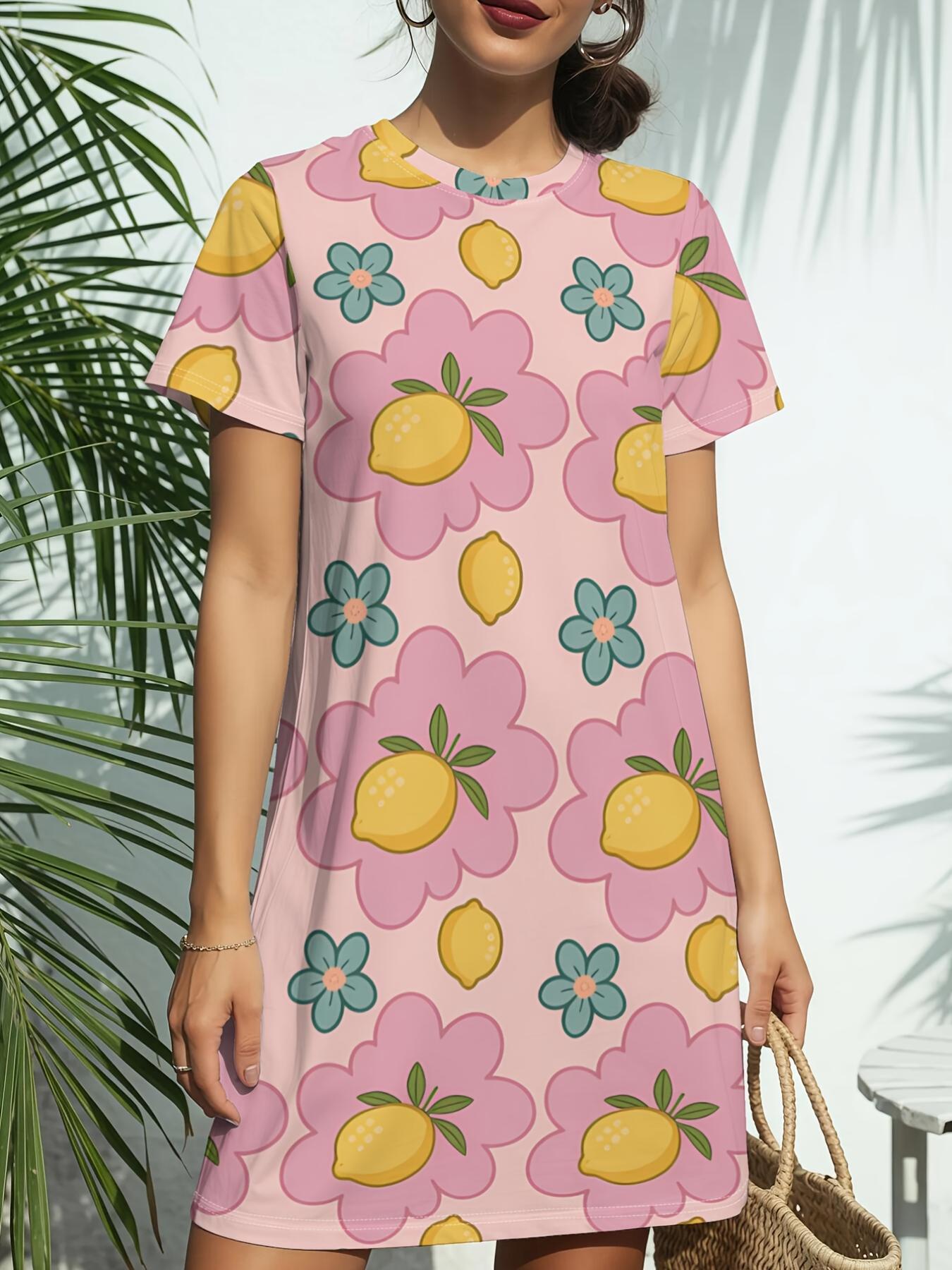 New Women S Round Neck Short Sleeve Dress Featuring a Yellow Floral Pattern. Embodying American Fashion Trends with Digital Prints for Spring And Summ XS дубильная кора
