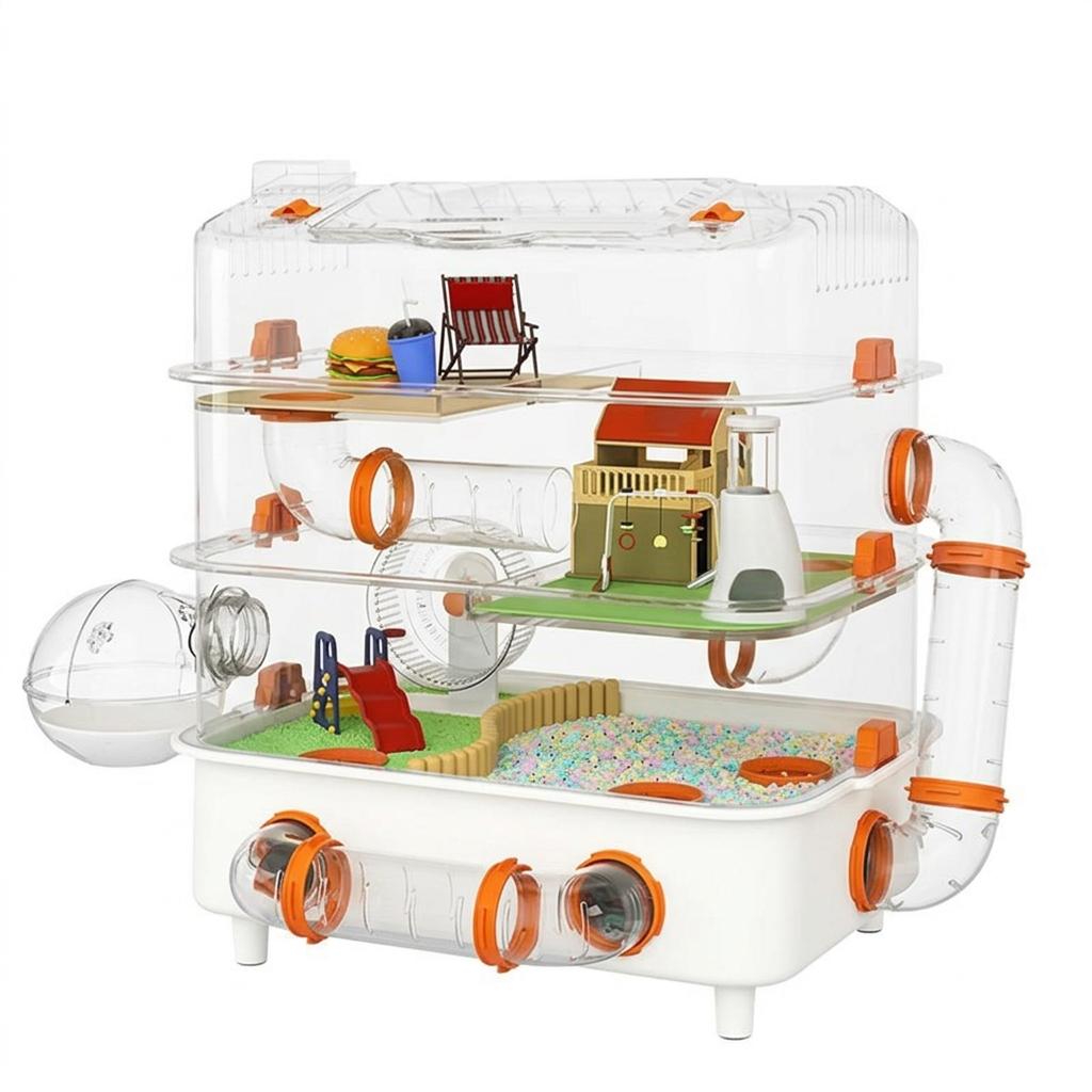 Large Hamster Cage 2 Tiers, Acrylic with Accessories, DIY Customizable Habitat for