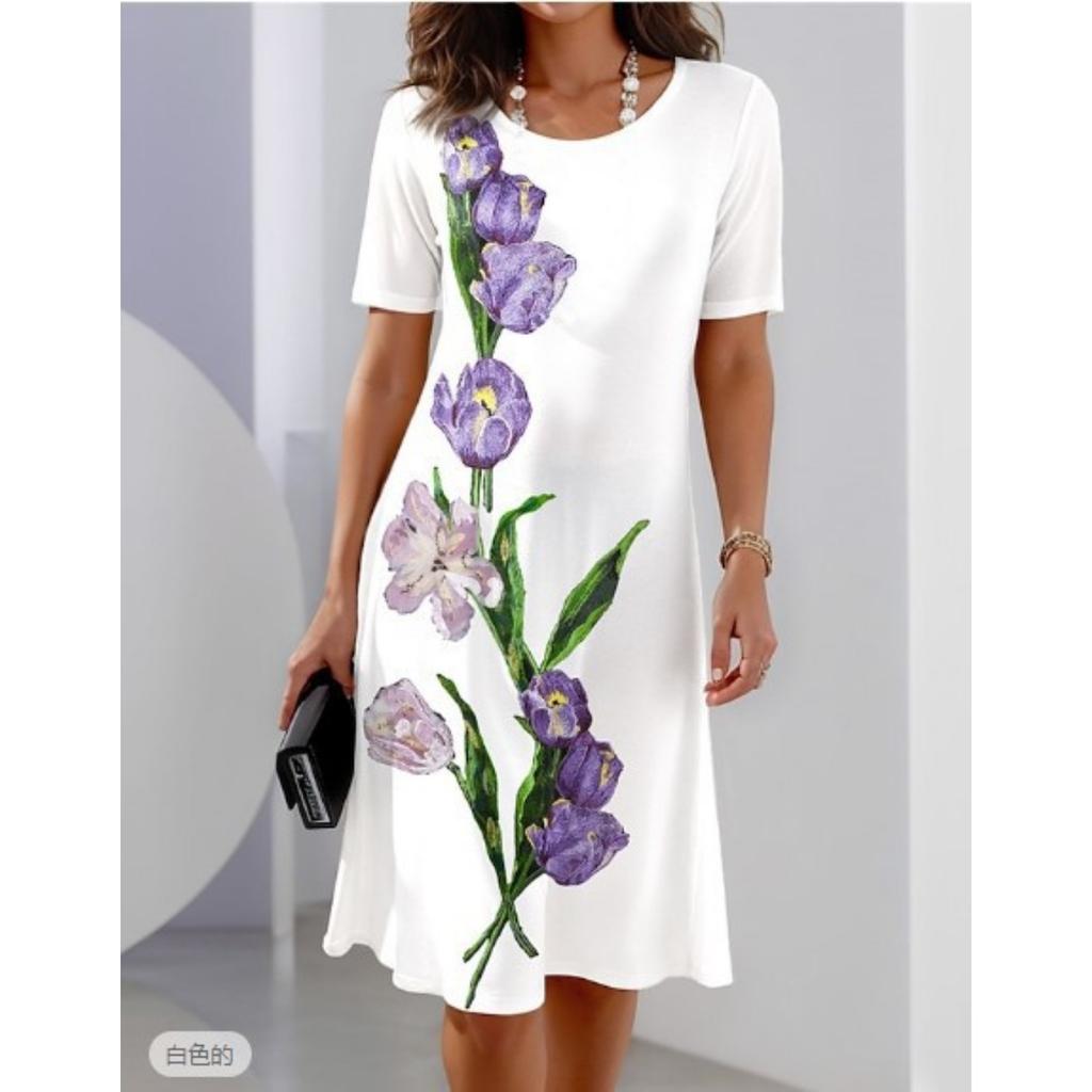 Rundhals Print Blumenkleid Taillenbetontes Elegantes Kleid für Damen Kurzarm Lockere Kleider Causal Kleid