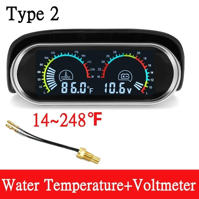 12V/24V 2 IN 1 Car Truck LCD Gauge Water Temperature Gauges +Voltmeter With 1/8 NPT Temp Sensor Water Temp Meter for Auto Cars