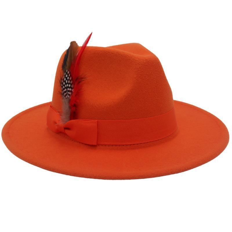 

Bow Feather Top Hat Big Eave Hat Men S And Women S Cashmere Felt Hat Wind Hat M（56-58cm）