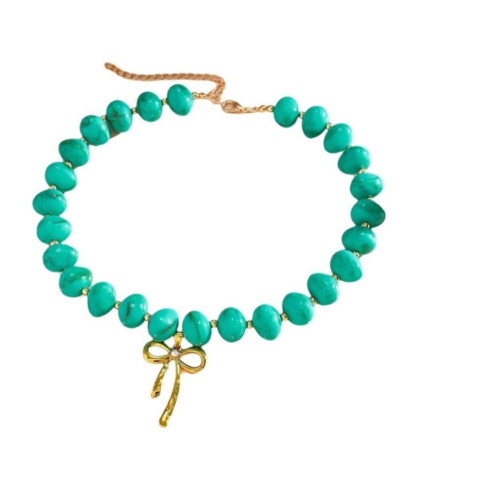 Fashion Resin Beaded Necklace Round Multicolor Bow Pendant Choker Jewelry Boho Women Clavicle Chain Travel