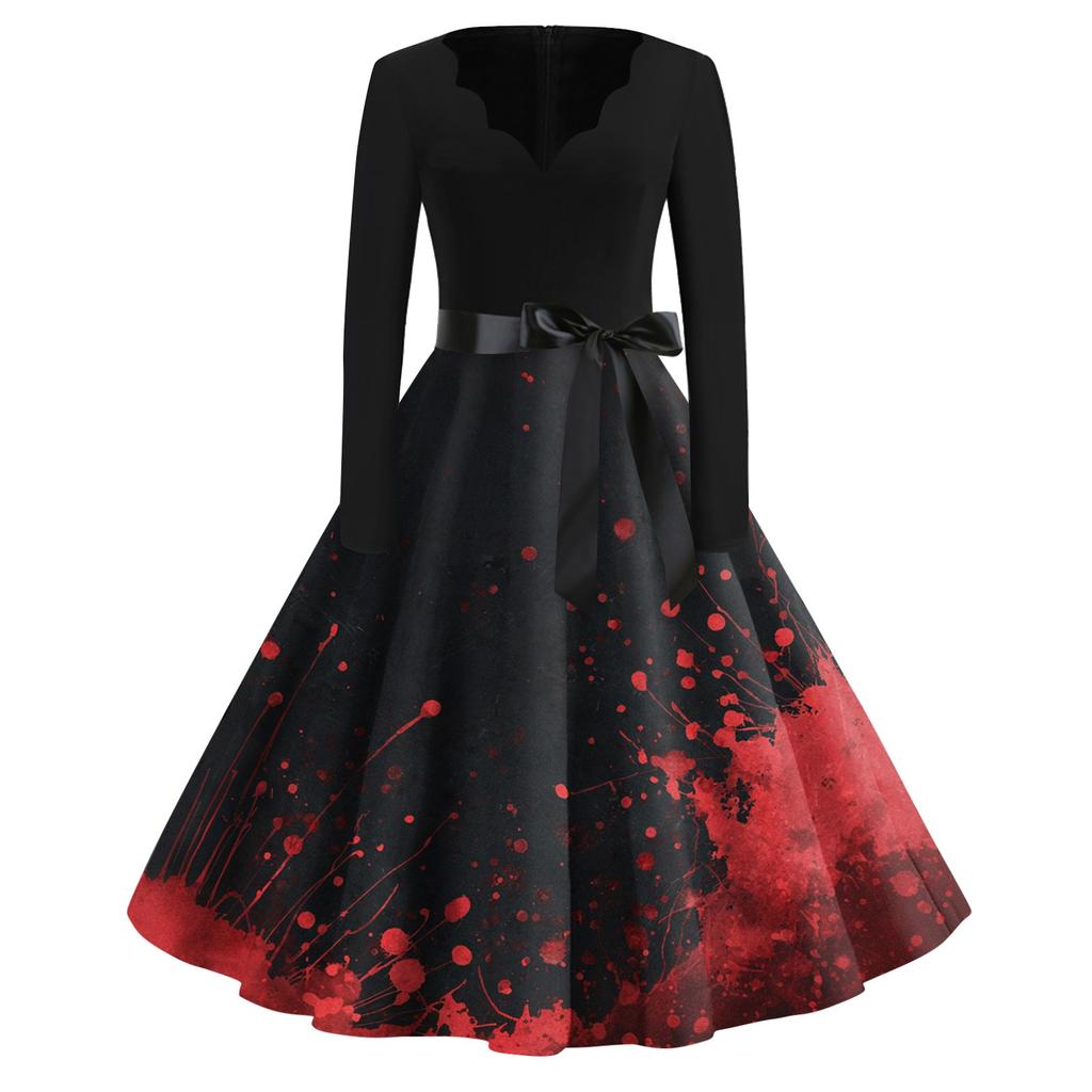 Women's Casual Fashion Halloween Printed V-Neck Vintage Dress