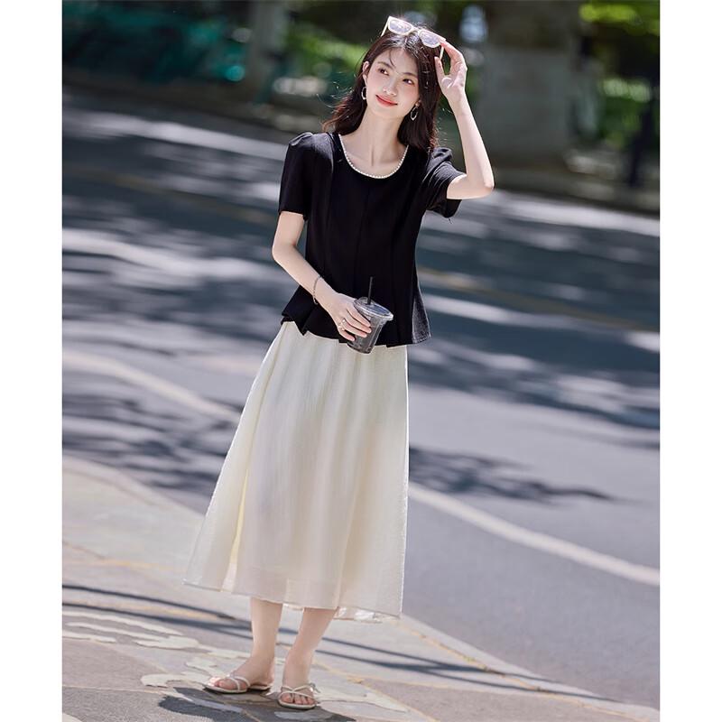 Элегантный комплект: блузка и юбка с жемчужным воротником и цветовыми блоками L