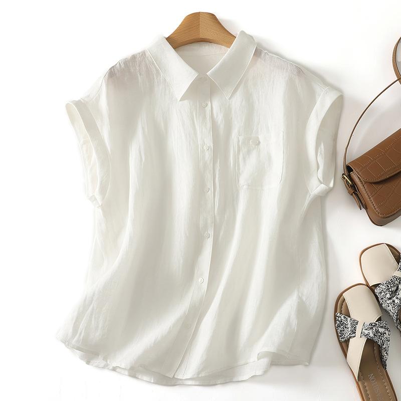 Women Casual Loose Short Sleeve Lapel Collar Cotton Linen Shirt Top M