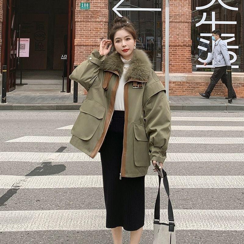 High-end fur integrated Parker cotton clothes women's winter new plush thickened large fur collar cotton-padded coat