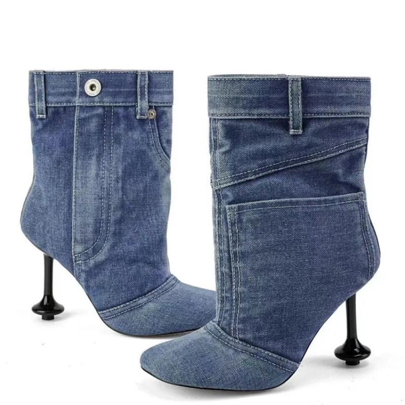 Móda Jaro Podzim Nové Nepravidelný Podpatek Okraj Džínové Sukně Kotníkové Boty Evropský Americký Dámský Šitý Vysoký Podpatek Módní Krátké Boty