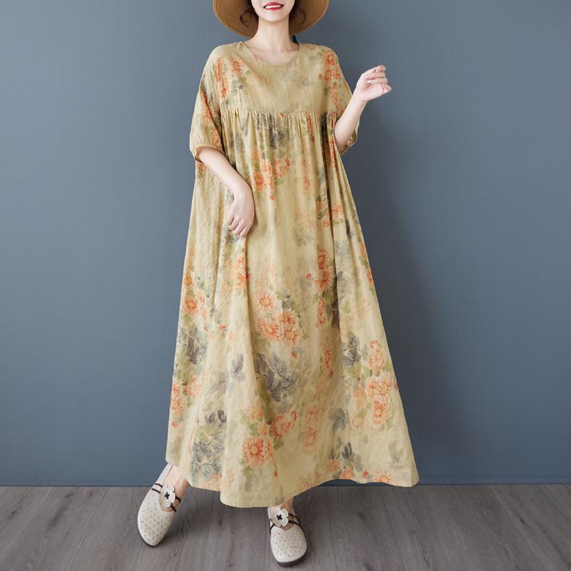

DIMANAF 2025 Summer Women Vintage Printing Plus Size Long Dress Short Sleeve Casual Basic Loose Dress One Size жёлтый