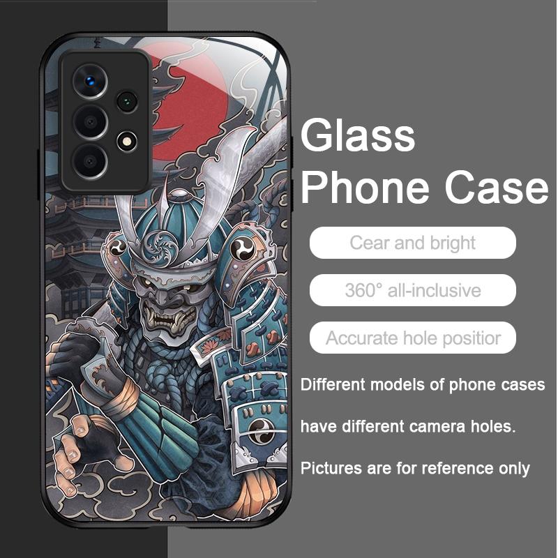 Tempered Glass Phone Case for Huawei Honor 200 100 90 Mate 50 40 Pro Nova 12 11 10 SE P30 P40 5G Japan Ghost Face Samurai Cover