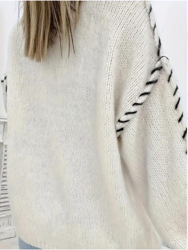 Women's Loose Casual Solid Color Round Neck Pullover with Drawstring Design – Slimming Long Sleeve Knit Sweater