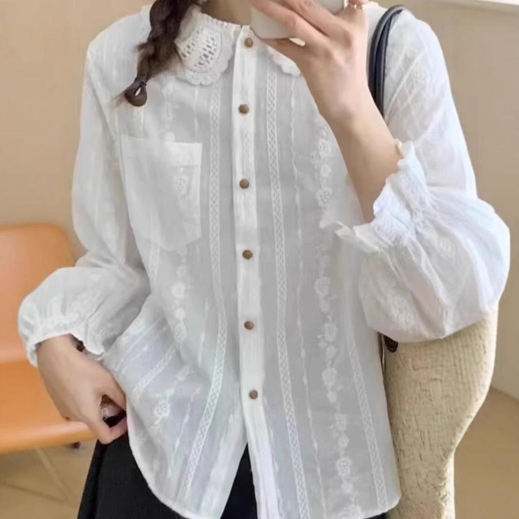 Women's Lace Peter Pan Collar Blouse - Spring 2025: Korean Style, Jacquard Embroidery, Long Sleeves, Loose Fit