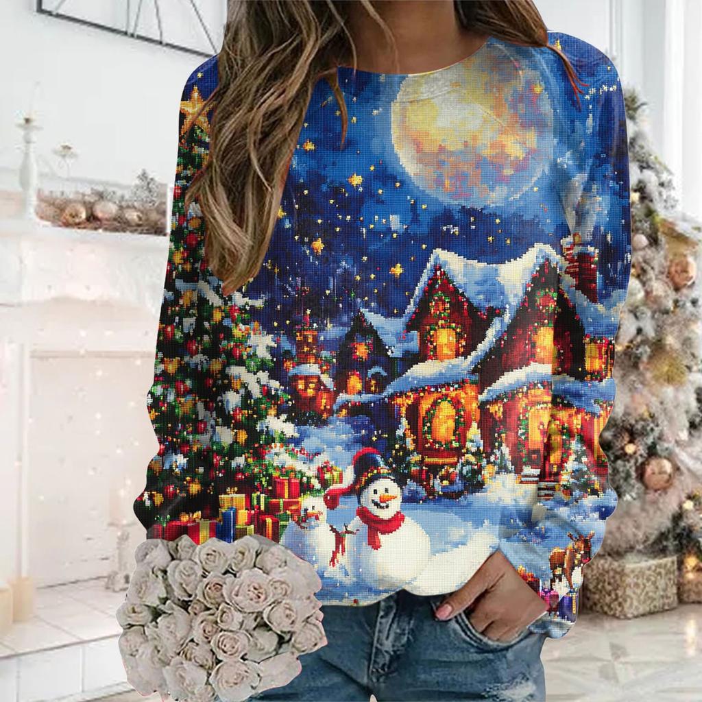 Womens Christmas Sweatshirt Cute Holiday Print Long Sleeve Round Neck Pockets Oversize Top Loose Sweatshirts Outerwear
