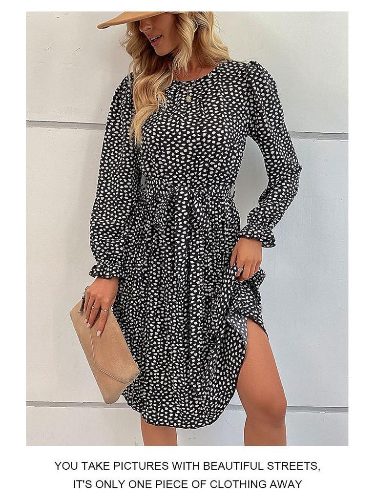 2024 Autumn Women's Long Sleeve Tie-up Leopard Print Dress